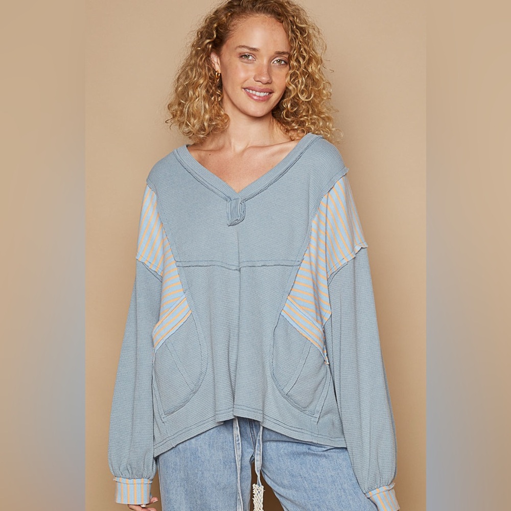 Boutique: POL Light Blue and Cream V-Neck over sized top. blueberry fields
